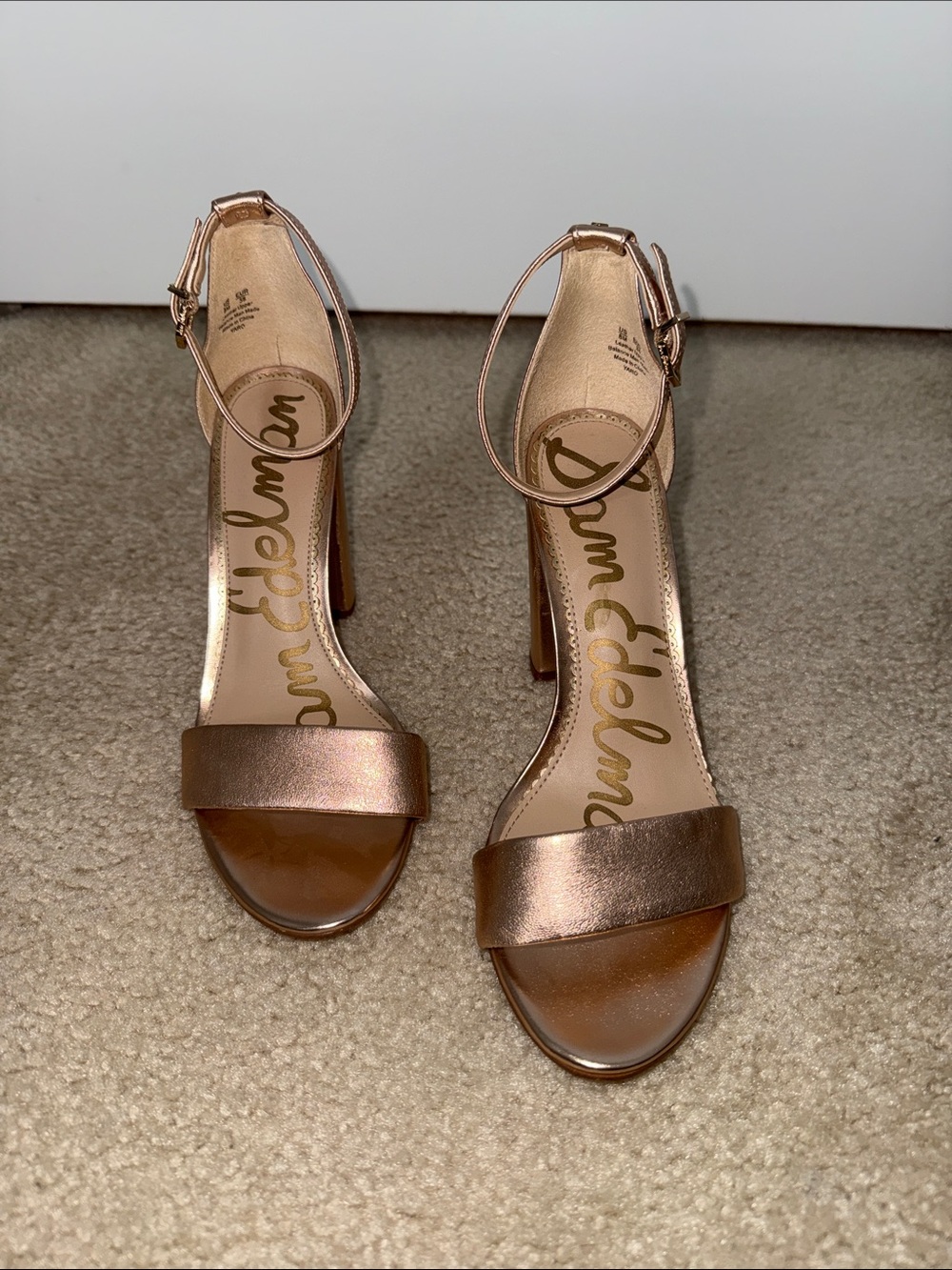 Sam Edelman Metallic Rose Gold Ankle Strap Heels
